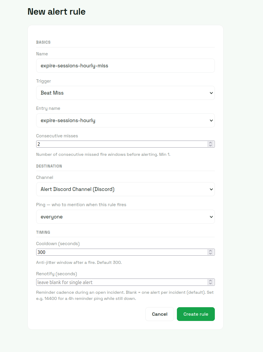 CeleryRadar new alert rule form configured for the Beat Miss trigger on the expire-sessions-hourly schedule, with consecutive misses set to 2, Discord channel selected as the destination, and a 300-second cooldown between alerts.