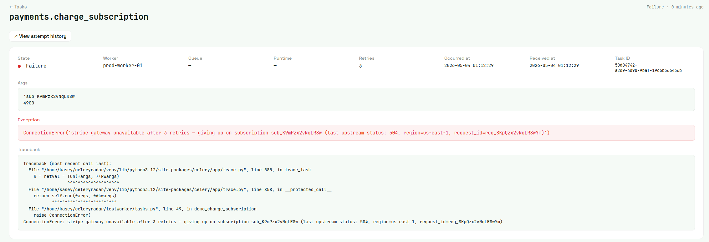 Per-task detail view: state, worker, queue, runtime, retries, timestamps, args, exception, and full Python traceback